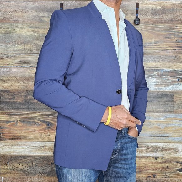 Les Hommes Wool Blend Blue Modern Collar Working Cuffs Blazer Sport Jacket 40R - Picture 9 of 11